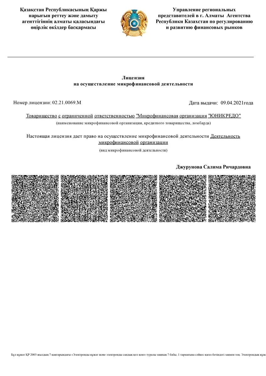 Лицензия ТОО «МФО «ЮНИКРЕДО» (GMoney)