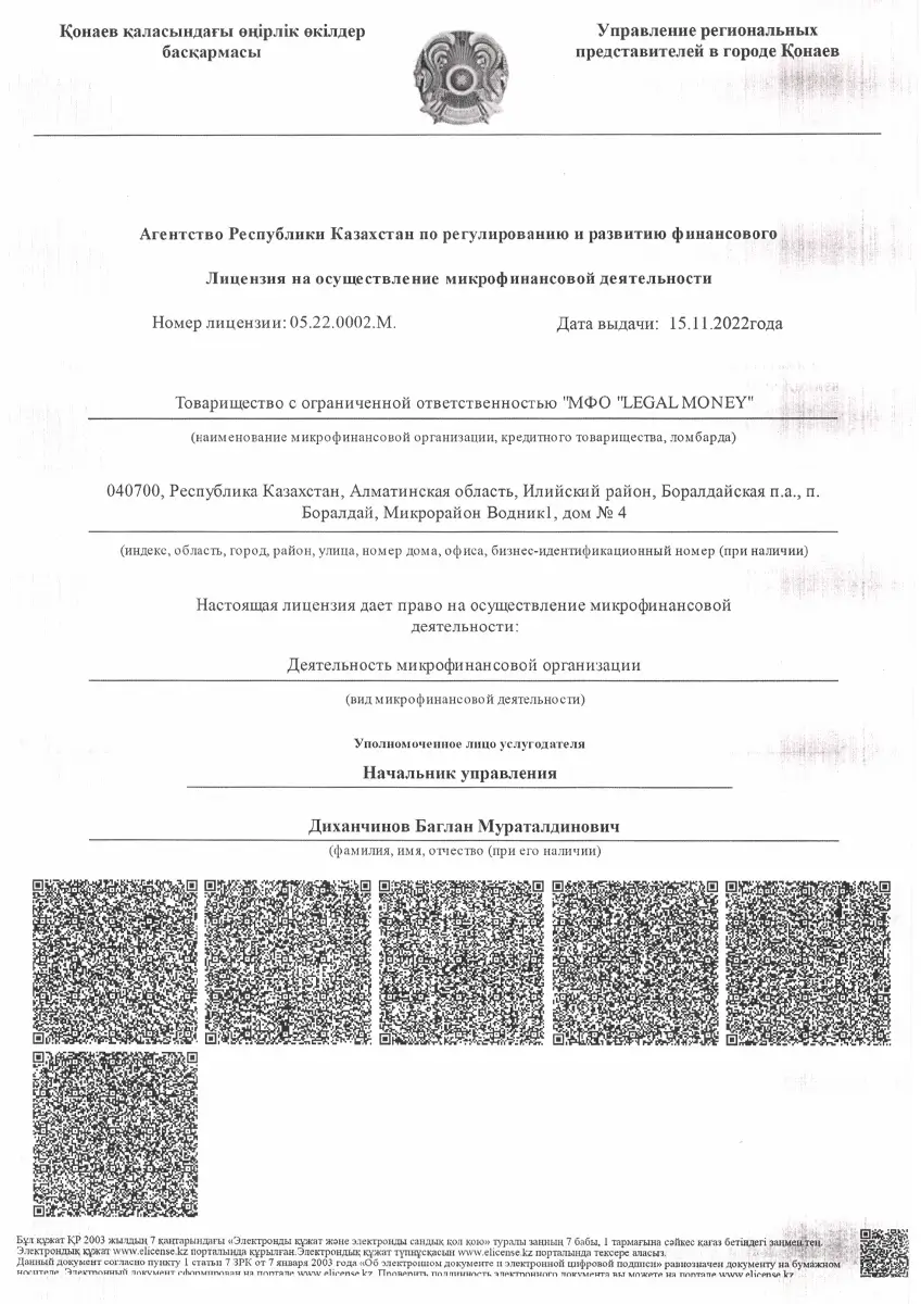 Лицензия ТОО «МФО «Legal Money» (NeoCredit)