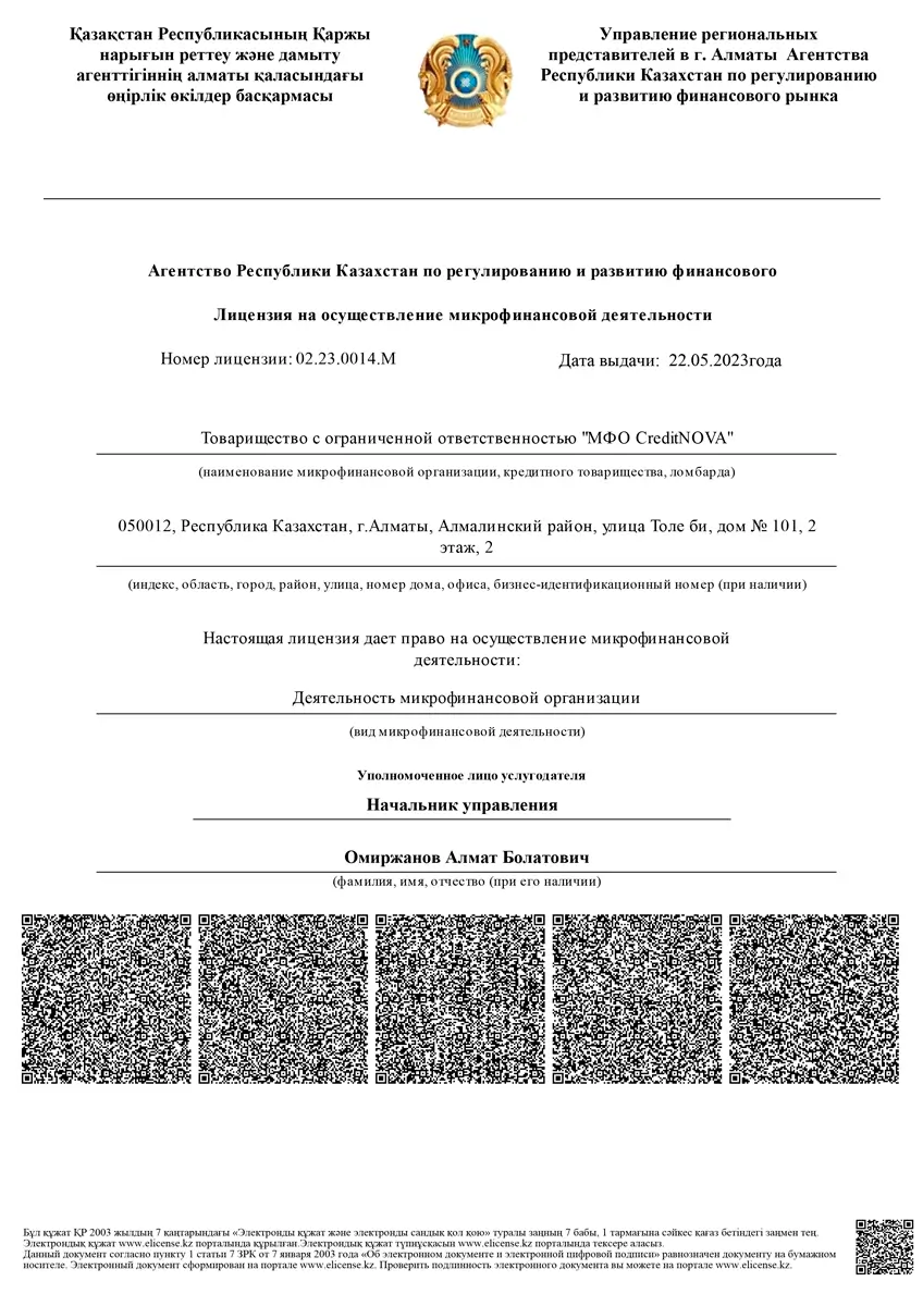 Лицензия ТОО «МФО «CreditNova» (SelfieCredit)